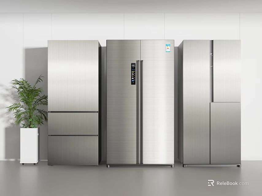 Modern Silver Refrigerators And Freezers With Stainless Steel Finish Side By Side In Minimalist Interior 3d model 