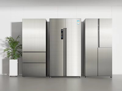Modern Silver Refrigerators And Freezers With Stainless Steel Finish Side By Side In Minimalist Interior 3d model
