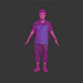 Man Wearing Blue Black Striped Polo Shirt Jeans Red Sneakers With Arms Outstretched Gray Background