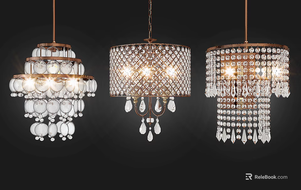 Three Stylish Crystal Chandeliers With Sparkling Crystals And Elegant Hanging Designs 3d model 