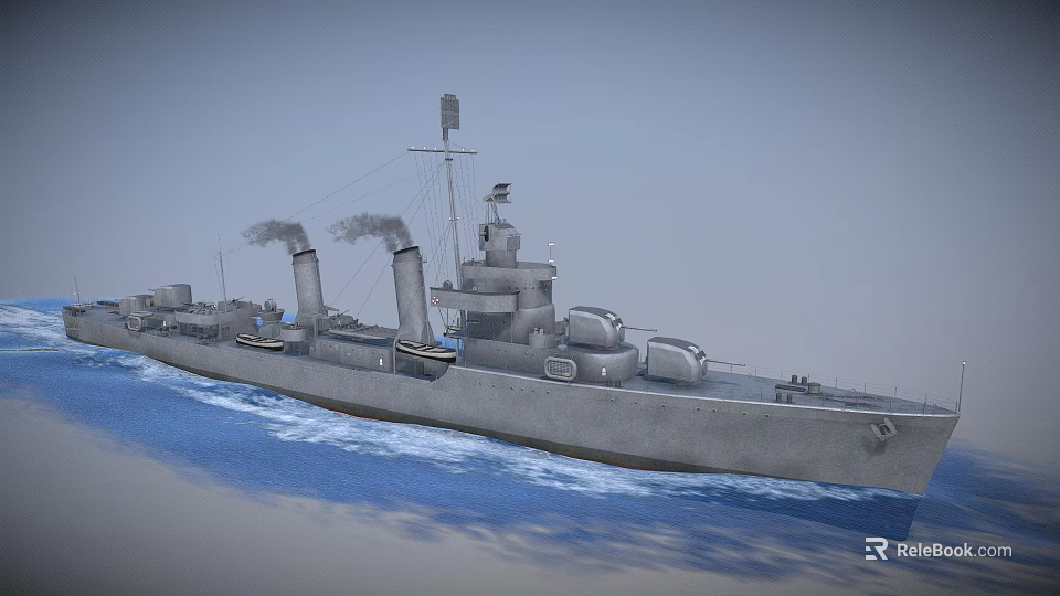 Gray Warship Sailing On Blue Sea With Twin Smokestacks And Deck Structures 3d model 