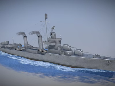 Gray Warship Sailing On Blue Sea With Twin Smokestacks And Deck Structures 3d model
