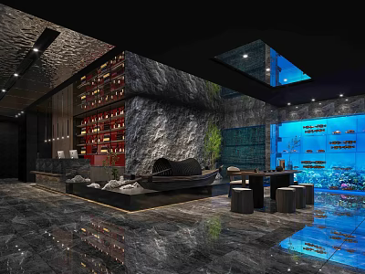 Luxurious Hotel Lobby With Rock Wall Aquarium Red Wine Rack Black Sofa And Skylight 3d model