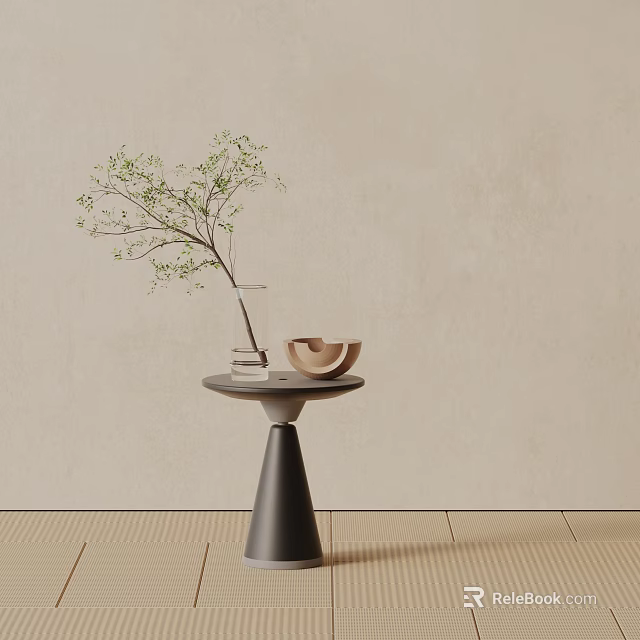 Black Side Table With Conical Base Glass Vase Green Foliage And Light Colored Bowl 3d model 