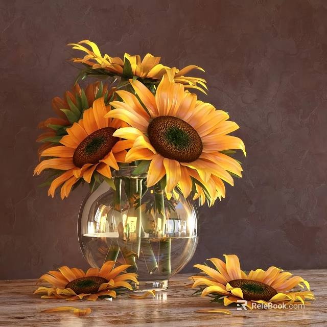 Transparent Glass Vase With Sunflowers Water And Scattered Blooms On Table Against Brown Background 3d model 