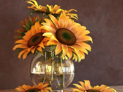Transparent Glass Vase With Sunflowers Water And Scattered Blooms On Table Against Brown Background 3d model