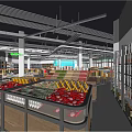 Well Lit Modern Supermarket Interior With Fresh Fruits And Organized Product Shelves