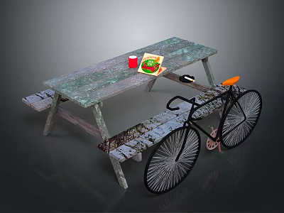 Outdoor Wooden Picnic Table With Hamburger Red Drink Mobile Phone And Black Bicycle 3d model