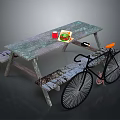 Outdoor Wooden Picnic Table With Hamburger Red Drink Mobile Phone And Black Bicycle