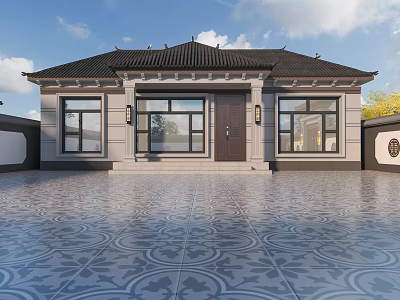 Rural Self-built House Featuring Chinese Style Roof Gray Walls Large Windows And Wooden Door 3d model