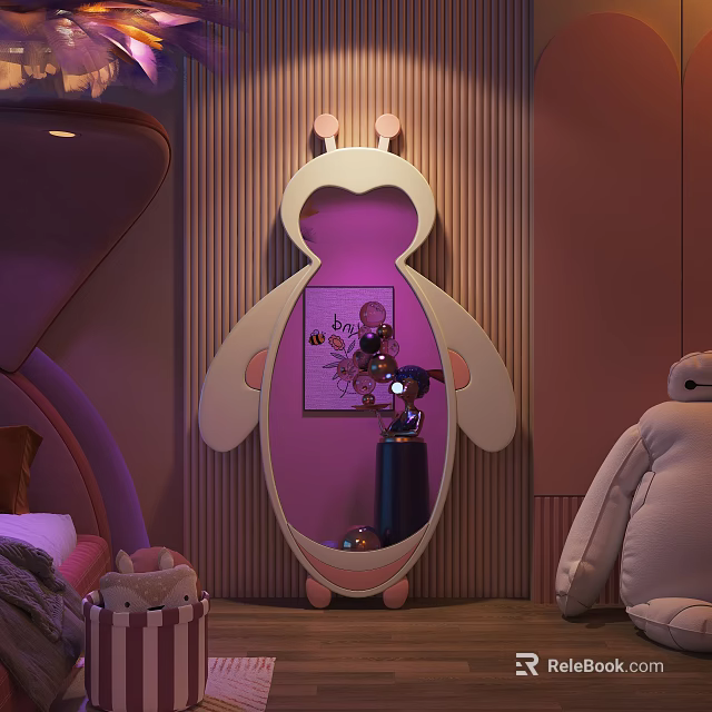 Penguin Shaped Mirror In Kids Room With Plush Toys 3d model 