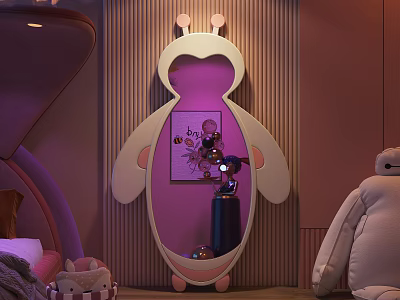 Penguin Shaped Mirror In Kids Room With Plush Toys 3d model