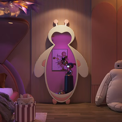 Penguin Shaped Mirror In Kids Room With Plush Toys 3d model