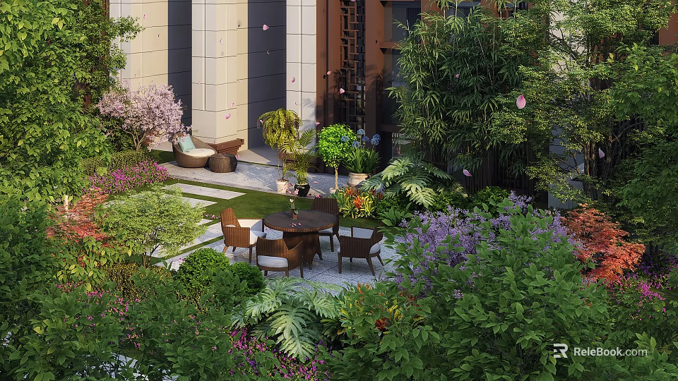 Lush Courtyard Garden Design With Various Green Plants Colorful Flowers And Outdoor Table Chairs 3d model 