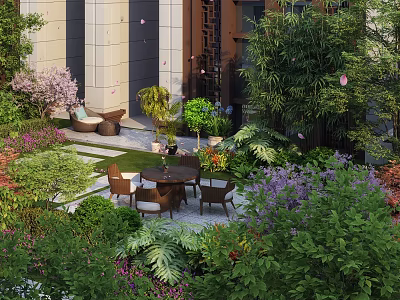 Lush Courtyard Garden Design With Various Green Plants Colorful Flowers And Outdoor Table Chairs 3d model