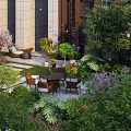 Lush Courtyard Garden Design With Various Green Plants Colorful Flowers And Outdoor Table Chairs