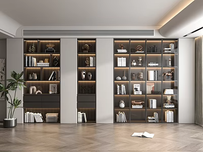 Modern Multi Compartment Bookcase With Books Decorative Items And Built In Lighting In Interior 3d model