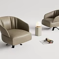 Modern Beige Leather Single Seater Sofa with Curved Backrest Table Lamp and Magazine