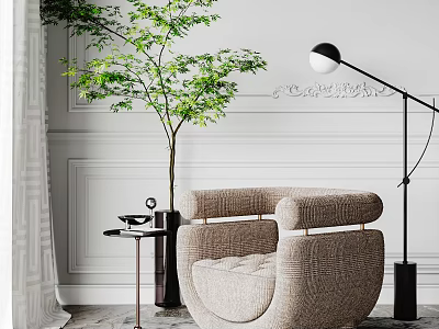 Curved Beige Fabric Single Sofa With Floor Lamp Green Plant And White Paneled Wall 3d model
