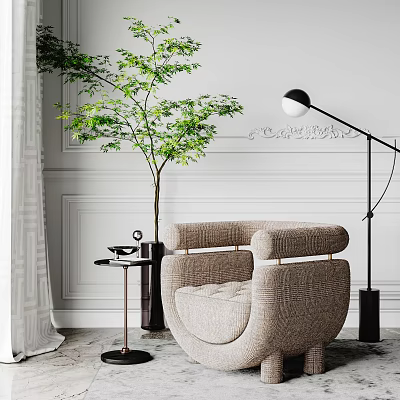 Curved Beige Fabric Single Sofa With Floor Lamp Green Plant And White Paneled Wall 3d model