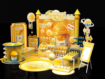 Promotional Exhibition Booth with Yellow Castle Design Top Stream Elite Award Drinks and Balloons 3d model
