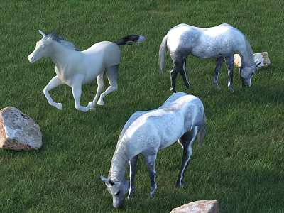 White Horses Grazing And Running On Lush Green Grass With Rocks 3d model White Horses Grazing And Running On Lush Green Grass With Rocks 3d model