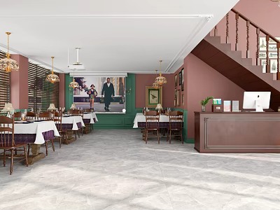 Elegant Restaurant Interior With Pink Walls Green Paneling Chandeliers Dining Tables And Reception Desk 3d model