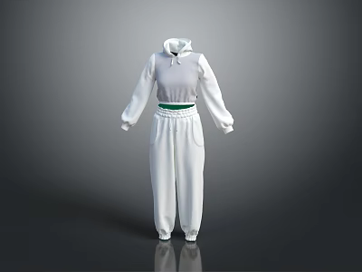 White Hooded Tracksuit With Green Waistband And Casual Sport Design 3d model