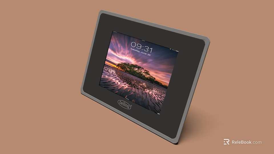 Modern Tablet Screen Displaying Time and Beach Scenery with Black Frame Stand 3d model