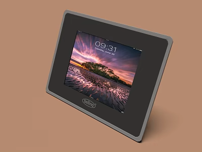 Modern Tablet Screen Displaying Time and Beach Scenery with Black Frame Stand 3d model