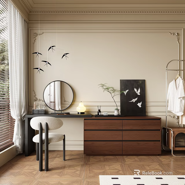 Wooden Dresser With Round Mirror Black Bird Wall Decor White Chair And Plant 3d model 