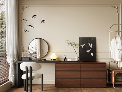 Wooden Dresser With Round Mirror Black Bird Wall Decor White Chair And Plant 3d model