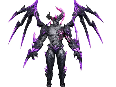 Purple Black Horned Armored Demon Warrior Game Movie Character With Winged Stance 3d model