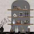 Stylish Wooden Wall Shelves With Decorative Sculptures Vases Books And Artworks