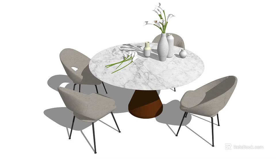Modern Round Marble Dining Table Set With Brown Base And Four Gray Chairs 3d model