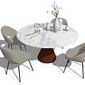 Modern Round Marble Dining Table Set With Brown Base And Four Gray Chairs 3d model