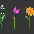 Colorful Cartoon Flowers White Pink And Yellow Blooms With Green Stems Leaves On Dark Background