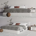 Modern Double Bed with White Frame Gray Bedding Bedside Tables Decorative Plants and Area Rug 3d model