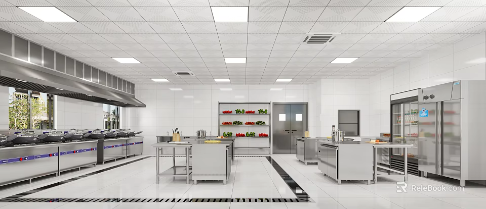 Commercial Kitchen Interior With Stainless Steel Equipment Vegetable Rack And White Walls 3d model 