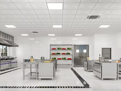 Commercial Kitchen Interior With Stainless Steel Equipment Vegetable Rack And White Walls 3d model