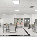 Commercial Kitchen Interior With Stainless Steel Equipment Vegetable Rack And White Walls