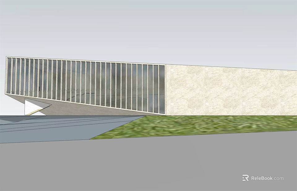 Modern Museum Building With Glass Facade Stone Wall And Green Lawn Design 3d model 