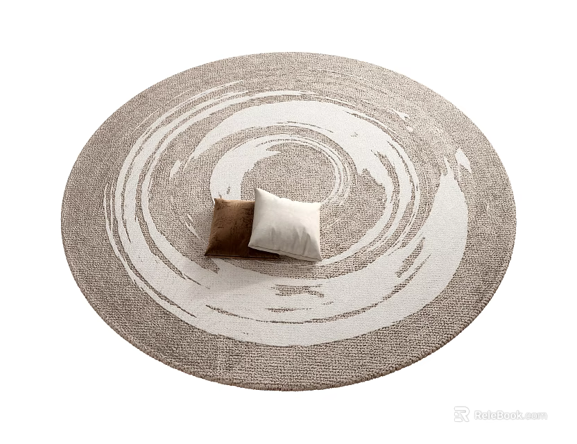 Soft Beige Round Carpet With White Spiral Pattern And Two Decorative Cushions 3d model 