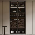 Modern Wine Cabinet Interior With Hanging Wine Glasses Decorative Sculpture And Bottles