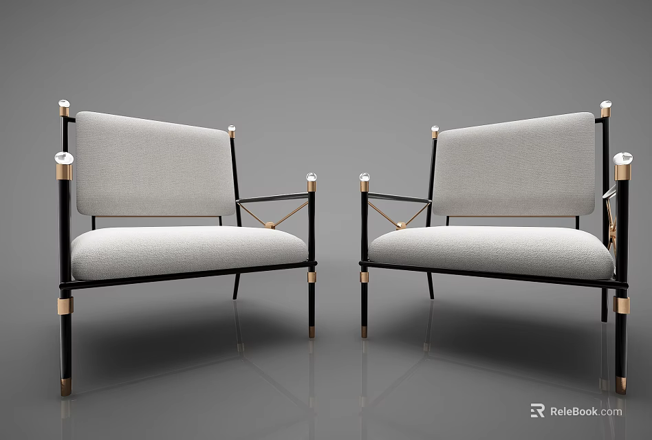 Elegant Modern Single Sofa With Black Gold Metal Frame And Soft Fabric Upholstery 3d model 