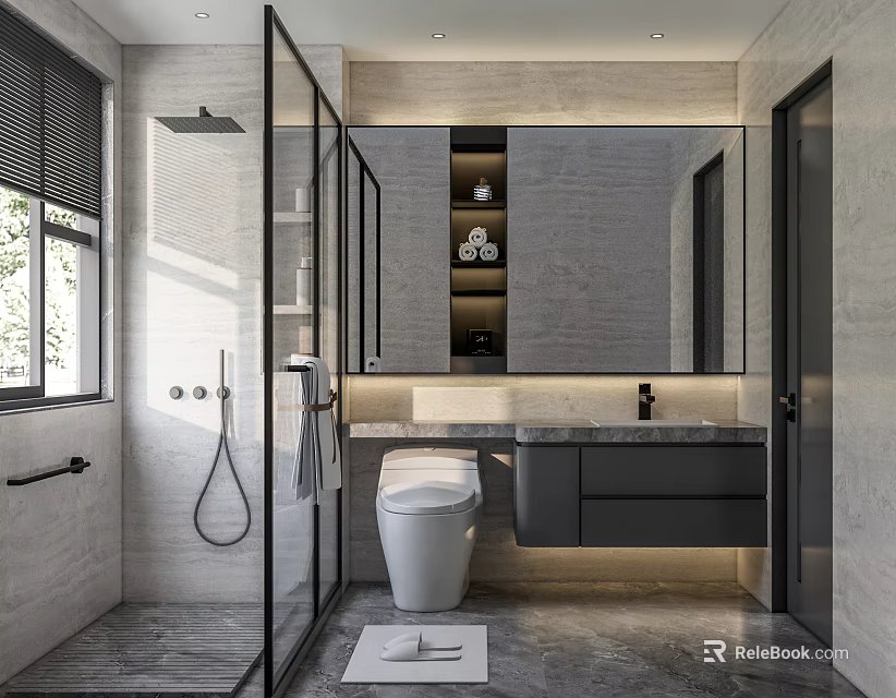 Modern Bathroom Interior Featuring Glass Shower Enclosure Gray Walls And Vanity With Mirror 3d model 