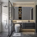 Modern Bathroom Interior Featuring Glass Shower Enclosure Gray Walls And Vanity With Mirror