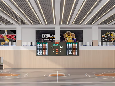 Indoor Basketball Court With Scoreboard Player Posters And Ceiling Lights 3d model