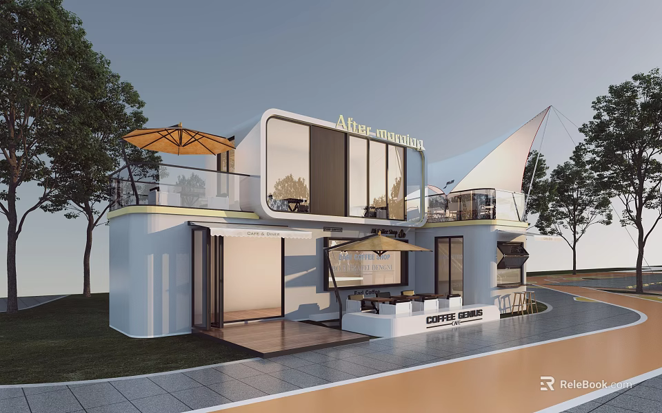 Modern Container Building With Glass Windows Terrace Outdoor Umbrella And Surrounding Trees 3d model 