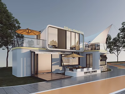 Modern Container Building With Glass Windows Terrace Outdoor Umbrella And Surrounding Trees 3d model